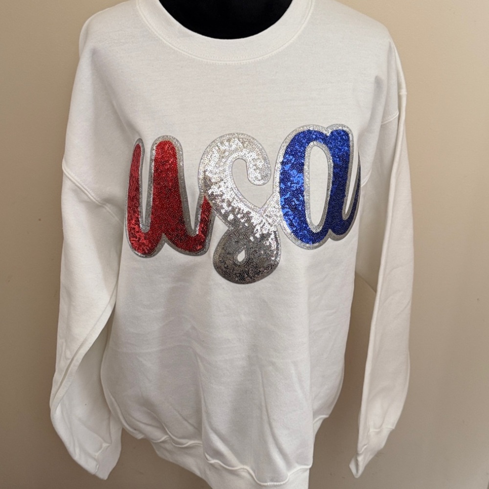 Women's White USA Sequin Sweatshirt Size Large NEW